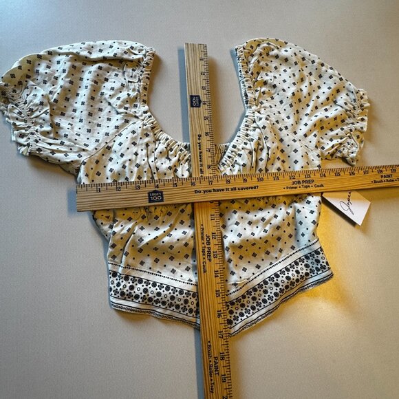 Japna Cropped Top Medium Cream Print Smocked Milkmaid Puff Sleeve Festival - Picture 4 of 7